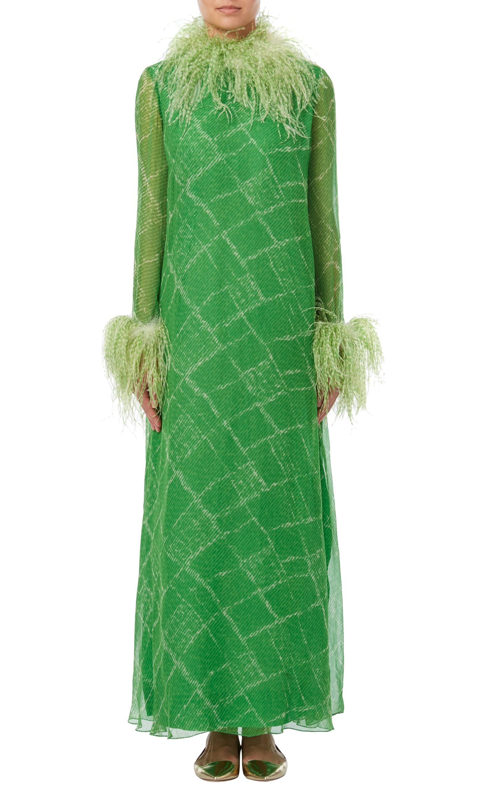 Great Unknown silk chiffon printed maxi dress, circa 1965 from the legendary Nan Duskin Boutique in Philadelphia. The dress features an all-over abstract print and has ostrich feather detailing to the neck and cuffs.