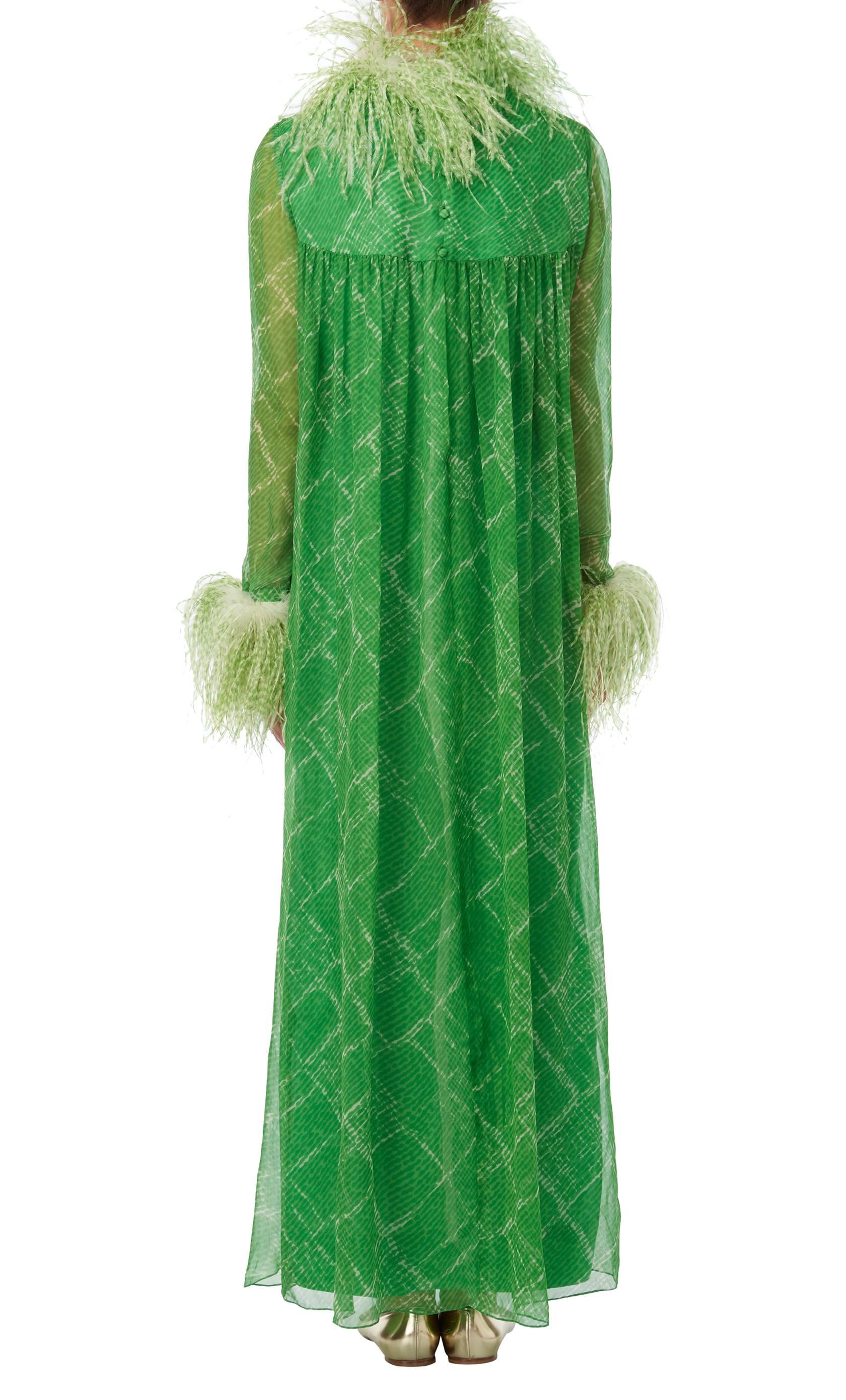 Green Nan Duskin unlabelled green printed chiffon maxi dress with ostrich feather embe