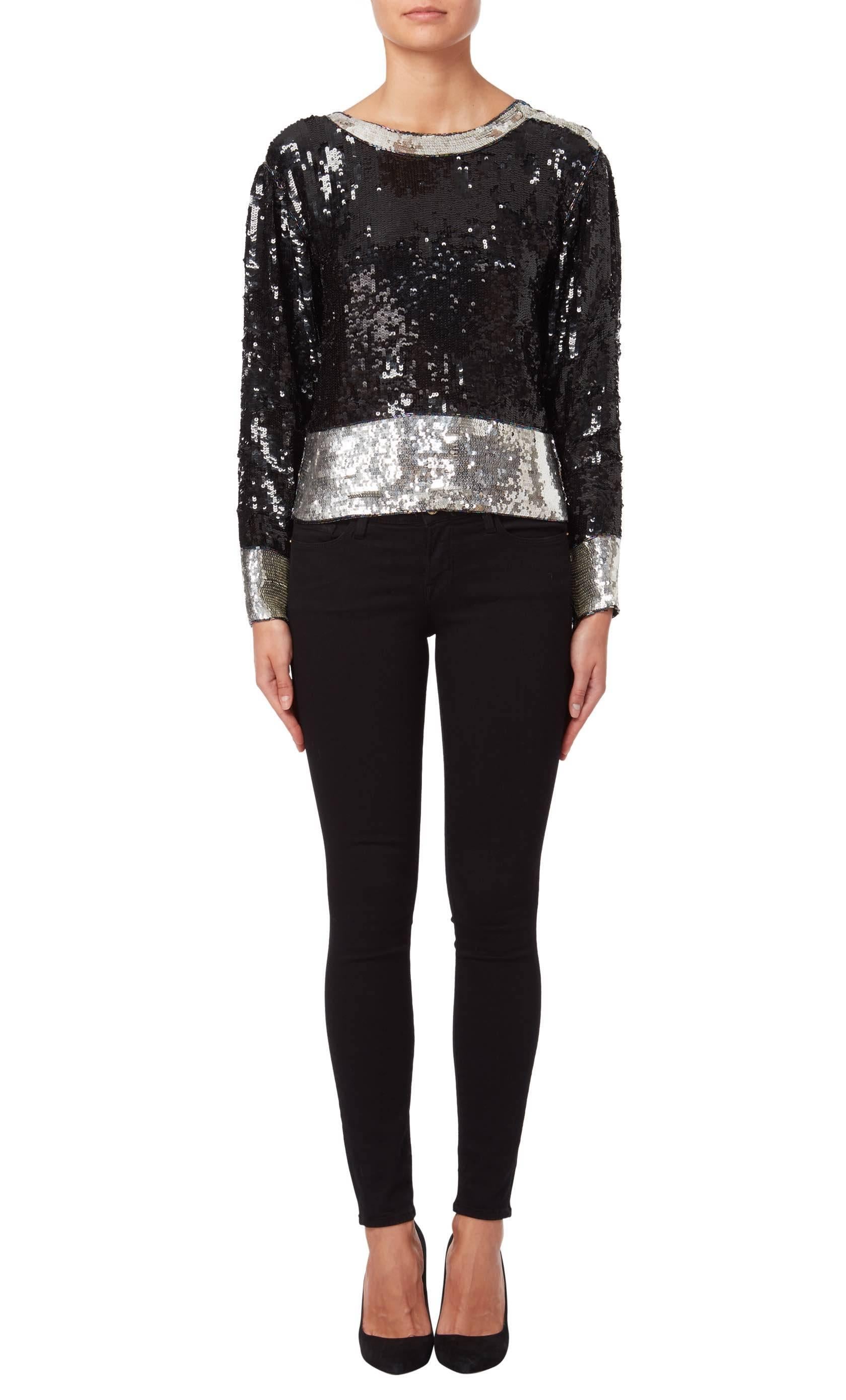 Long sleeve black and silver sequin blouse top, circa 1971