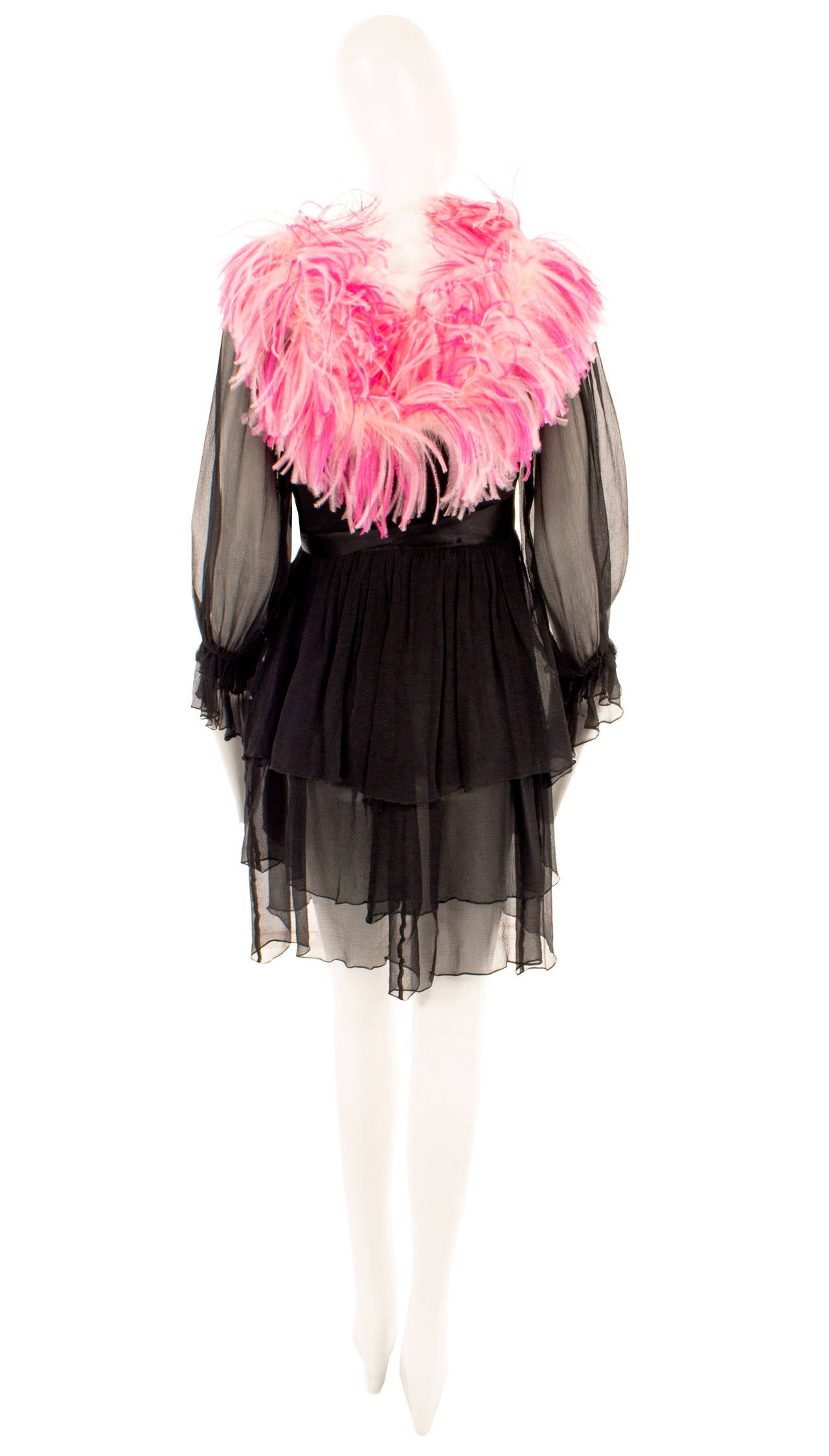 Yves Saint Laurent black chiffon and pink feather dress, circa 1987 In Excellent Condition For Sale In London, GB