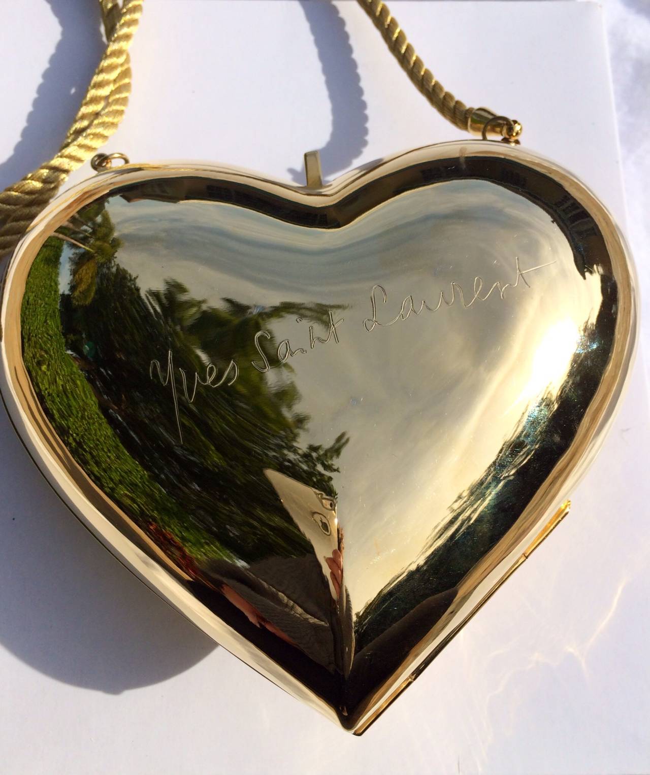 Brown YSL / Yves Saint Laurent Heart Shaped Gold & Sapphire Crystal Minaudiere Bag