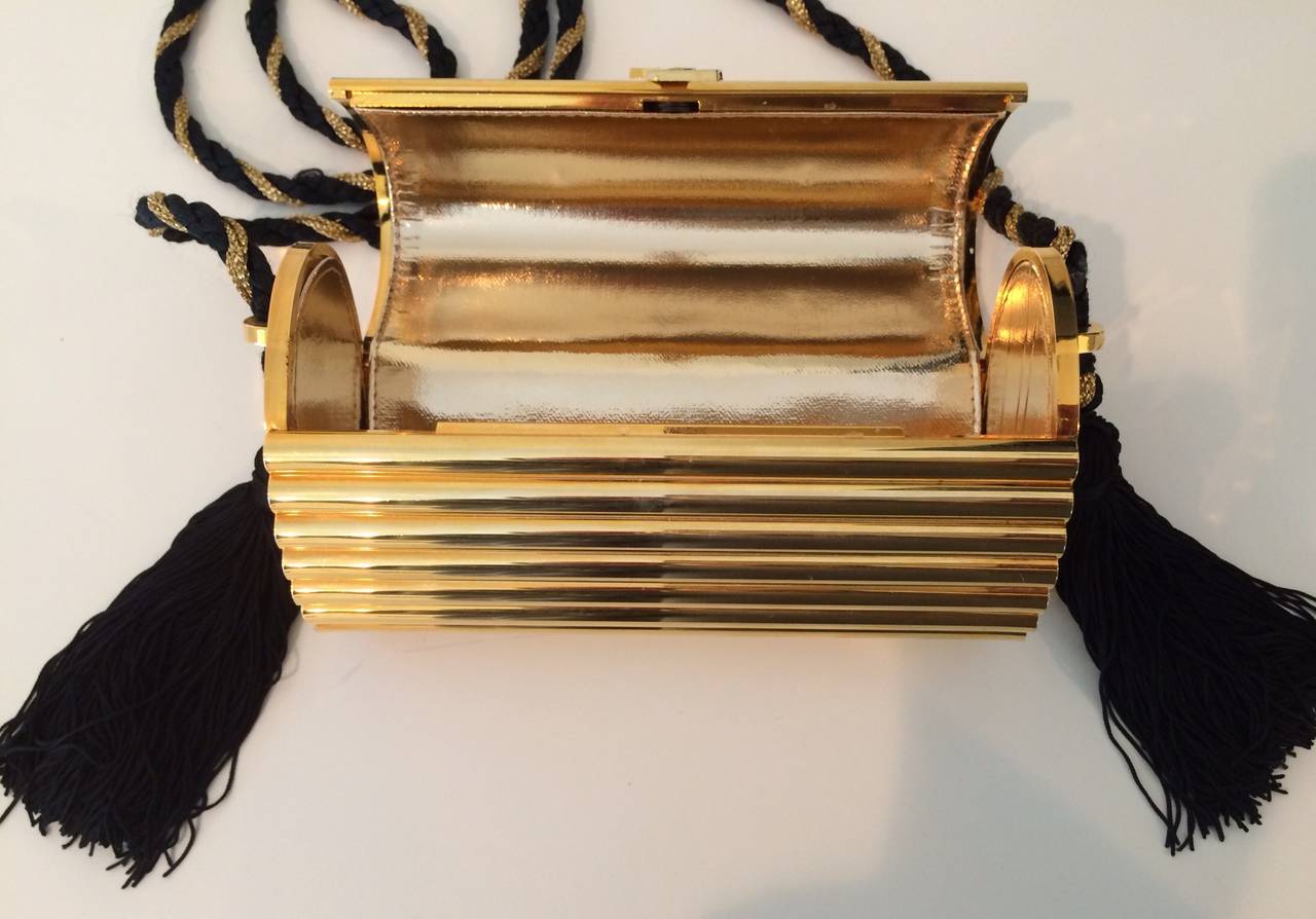 YSL Vintage Gold Metal Black Tassel Evening Bag / Clutch 1980s 1