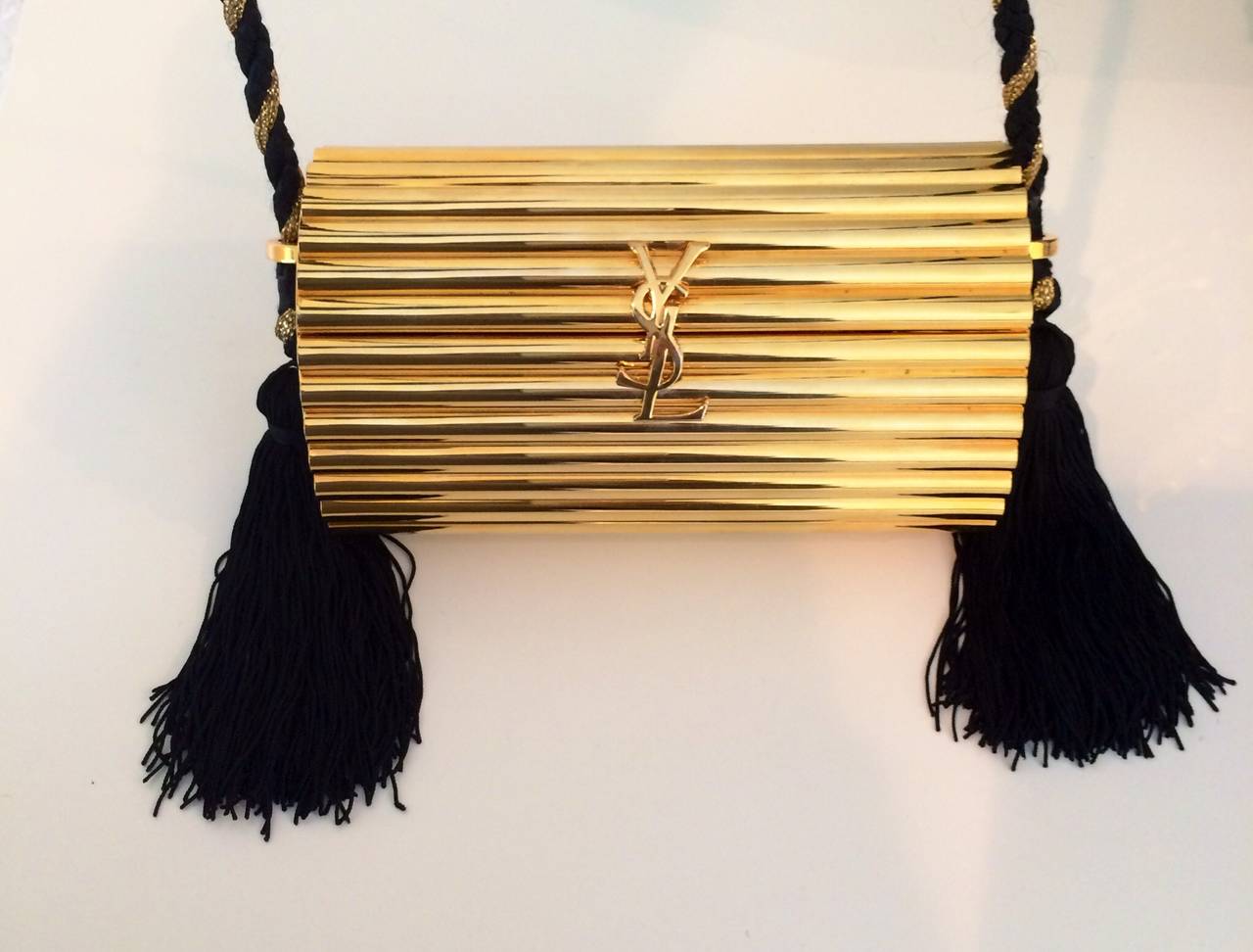 YSL Vintage Gold Metal Black Tassel Evening Bag / Clutch 1980s For ...  