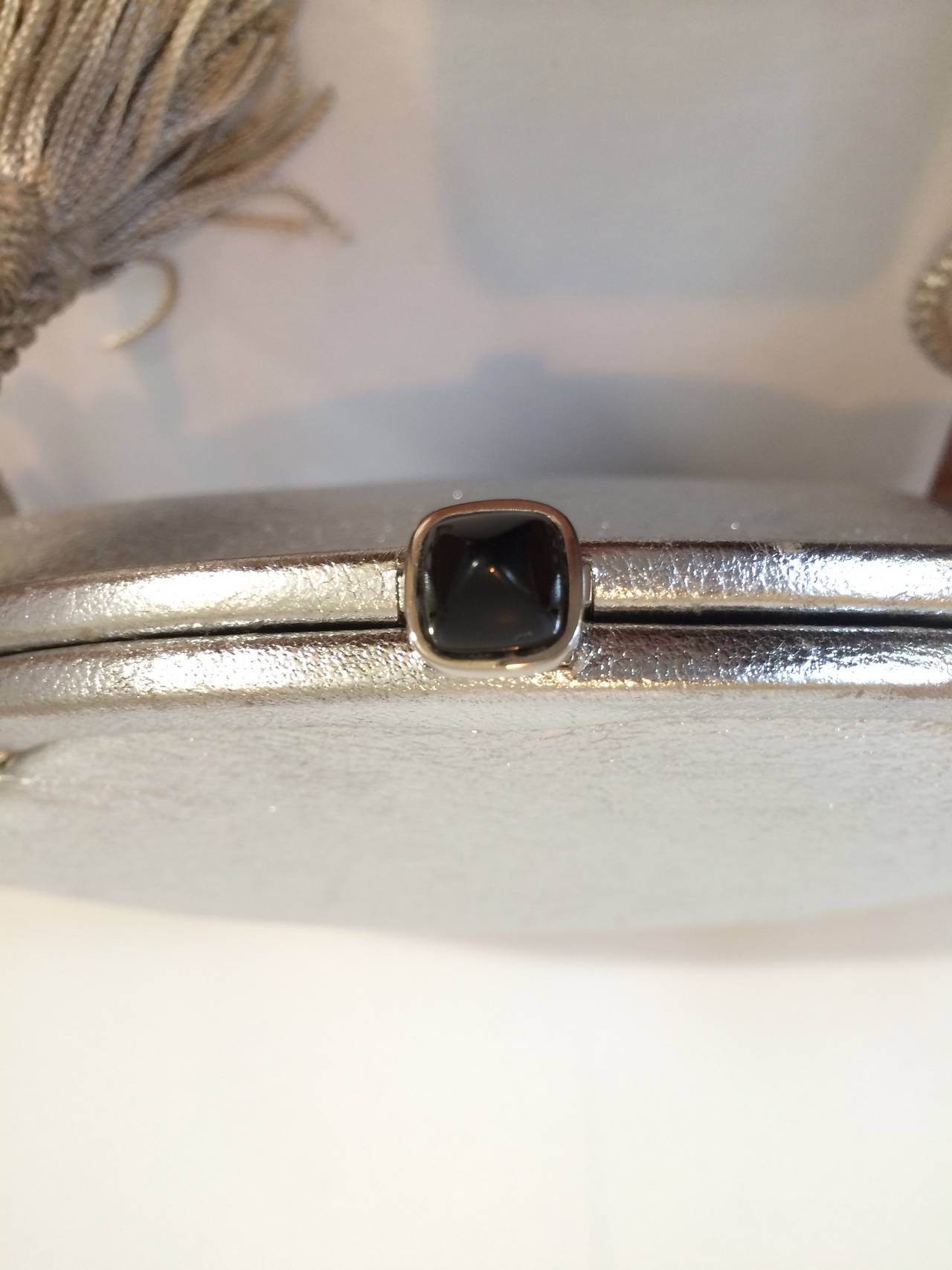 Vintage Judith Leiber  Metallic Silver Leather Black Onyx Clap Evening Bag 4