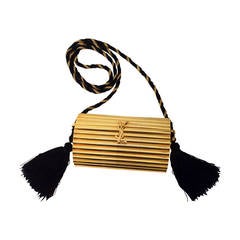 YSL Vintage Gold Metal Black Tassel Evening Bag / Clutch 1980s