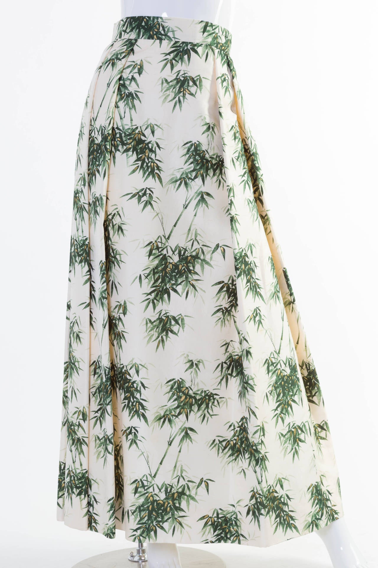 1960s Couture Silk Bamboo Ivory Green & Gold Leaf Print Maxi Side Pleat Skirt In Excellent Condition In Boca Raton, FL