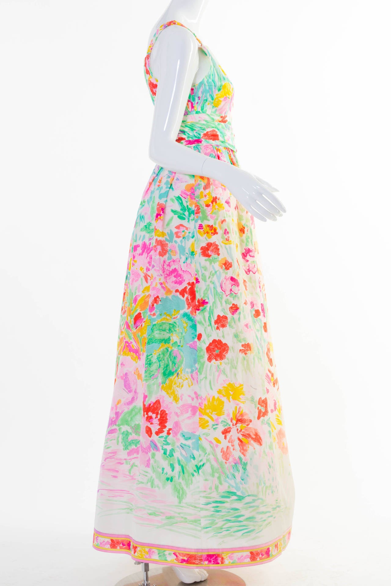 Leonard Paris Multicolor Florals Silk Sleeveless Maxi Dress Gown, 1990s In Good Condition In Boca Raton, FL
