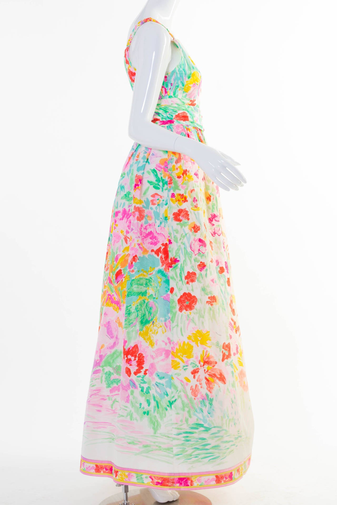 Leonard Paris Multicolor Florals Silk Sleeveless Maxi Dress Gown, 1990s  In Good Condition In Boca Raton, FL