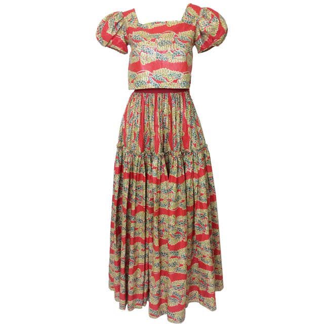 1940s Polished Cotton Floral Print Short Puff Sleeve Maxi Dress at ...