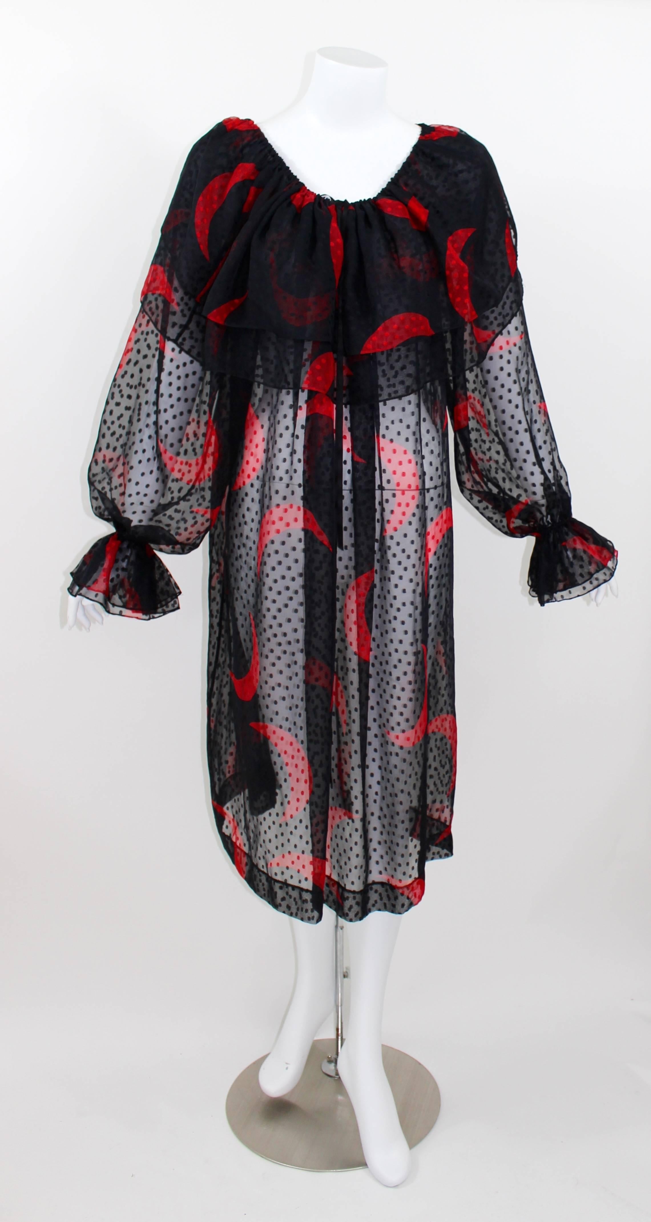Women's 1970s Yves Saint Laurent Red & Black Crescent Moon Ruffle Peasant Dress 
