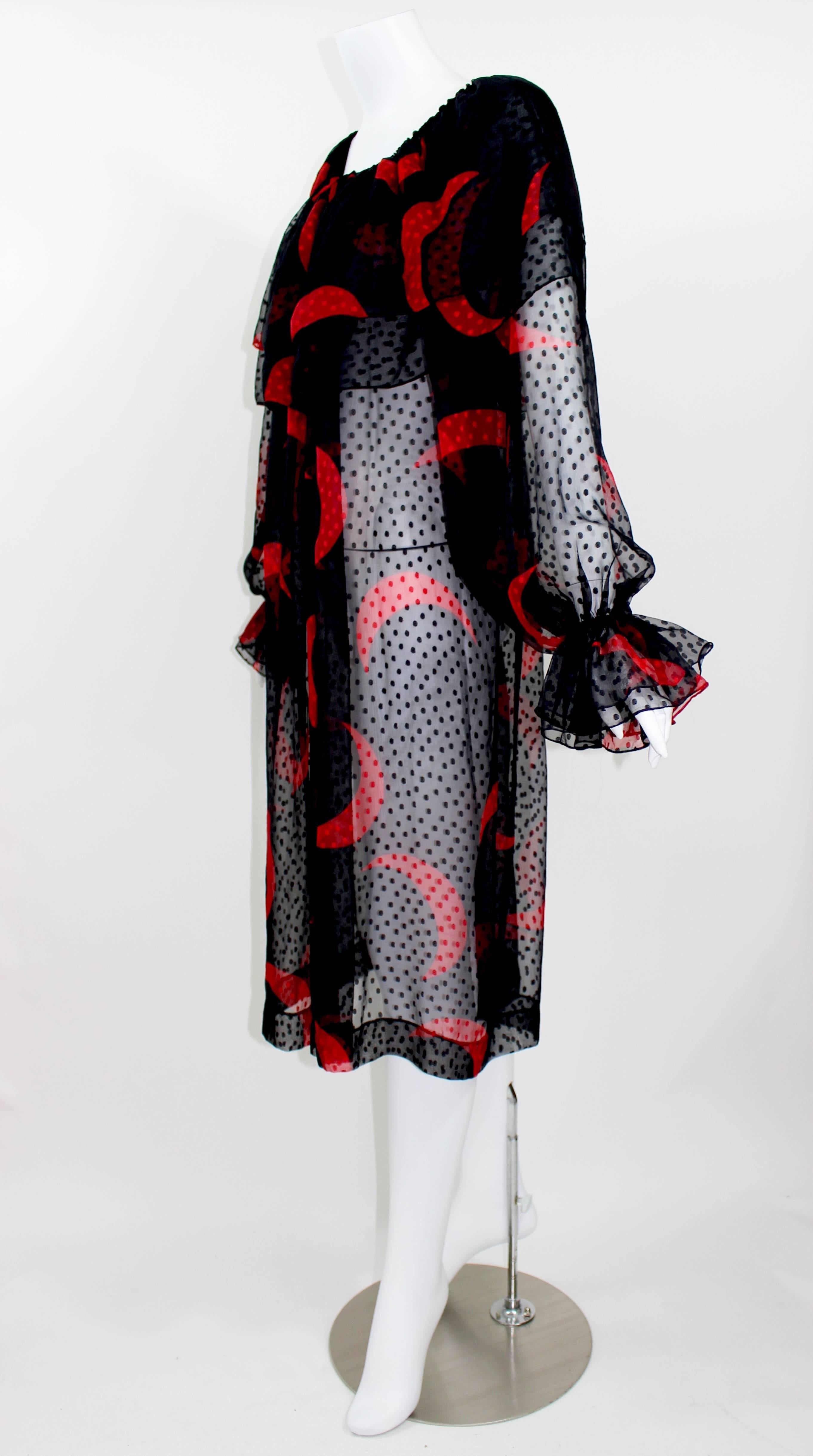 1970s Yves Saint Laurent Red & Black Crescent Moon Ruffle Peasant Dress  1