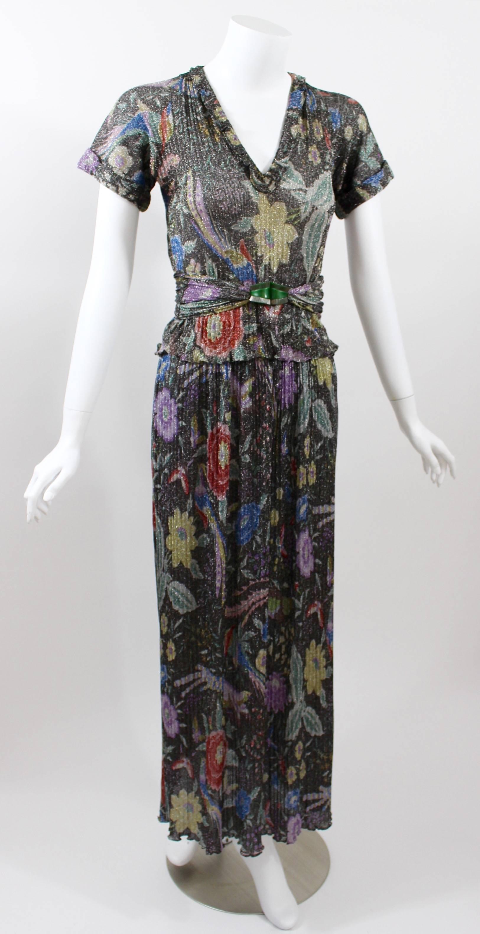 Black 1970s Missoni Metallic Knit Floral & Bird Print Ensemble Rare Documented