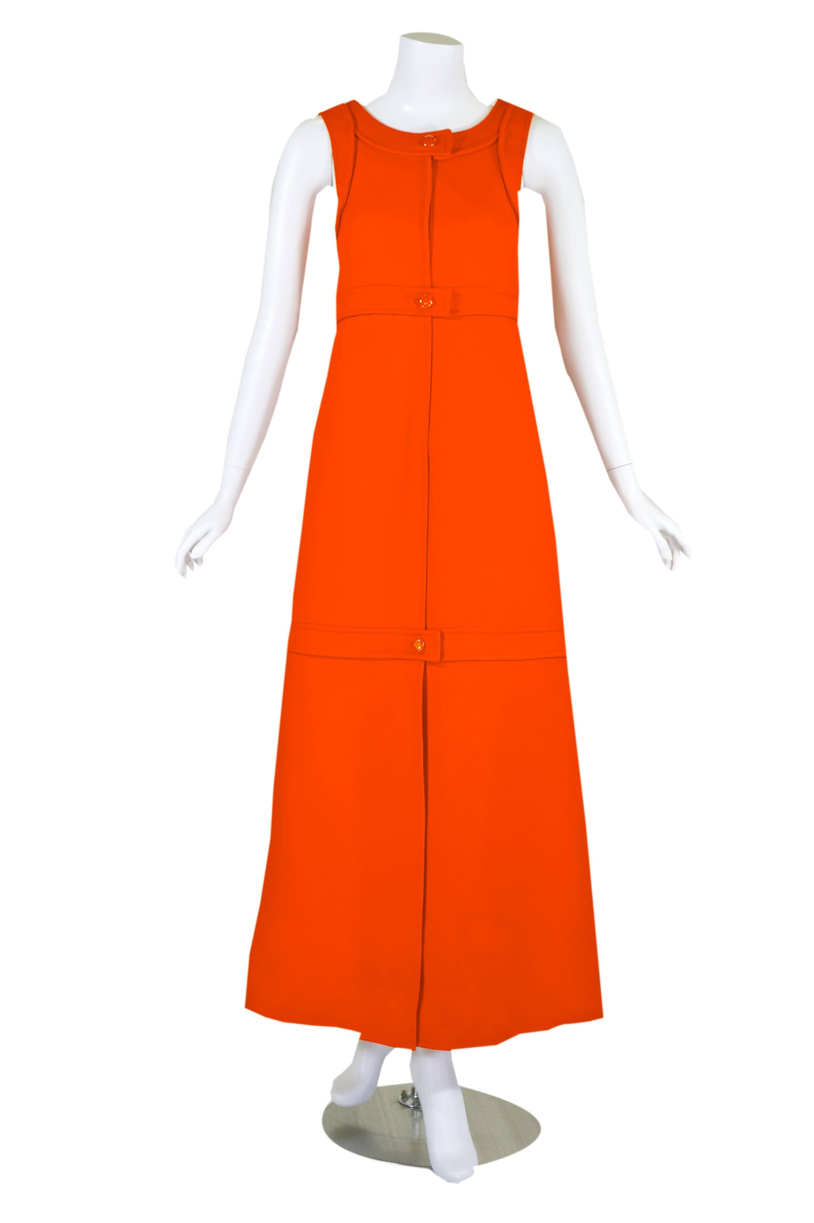 A rare original 1960s Courreges numbered couture bright orange wool sculpted A-line shift dress. This outstanding dress is fashioned from a wool gabardine and features all of  his great couture techniques. The tailoring, structuring and seaming  are