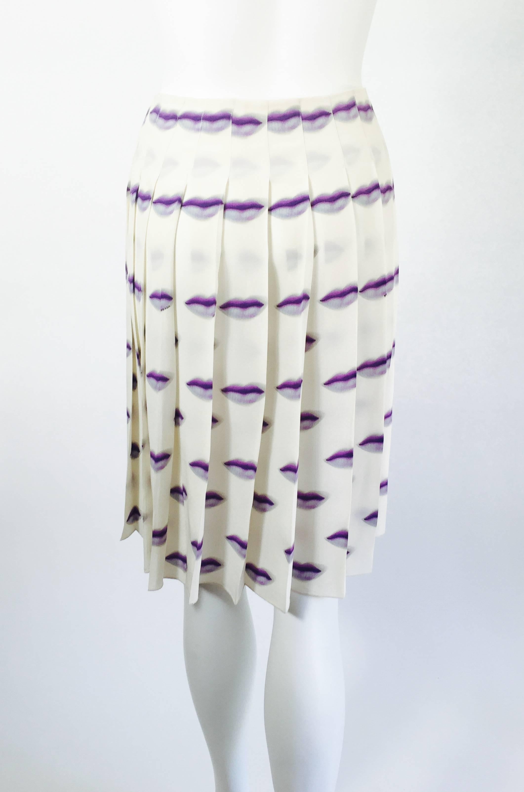 Gray Spring 2000 Prada Purple Lip Print Pleated Silk Skirt