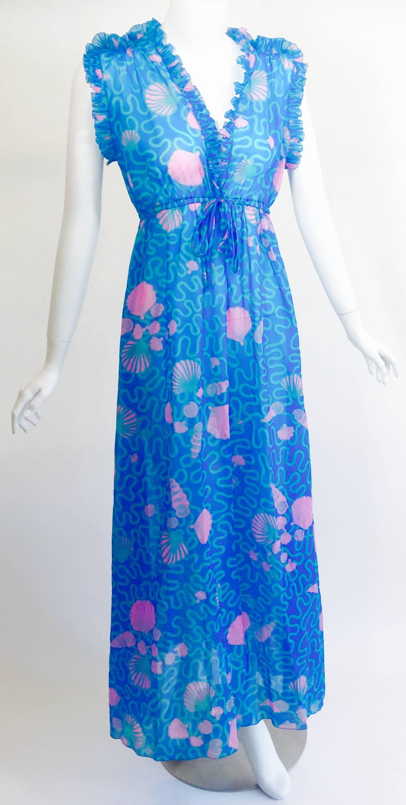 1970s Zandra Rhodes Blue and Pink Seashell Print Sleeveless Caftan Dress 5