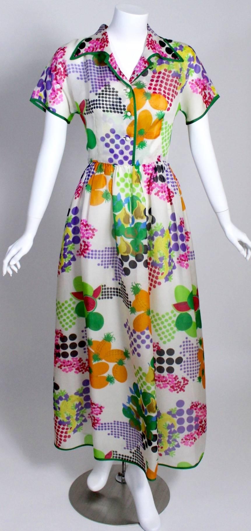 Nina Ricci Boutique Fruit and Dots Multicolor Print Silk Organza Dress, 1970s  In Excellent Condition In Boca Raton, FL