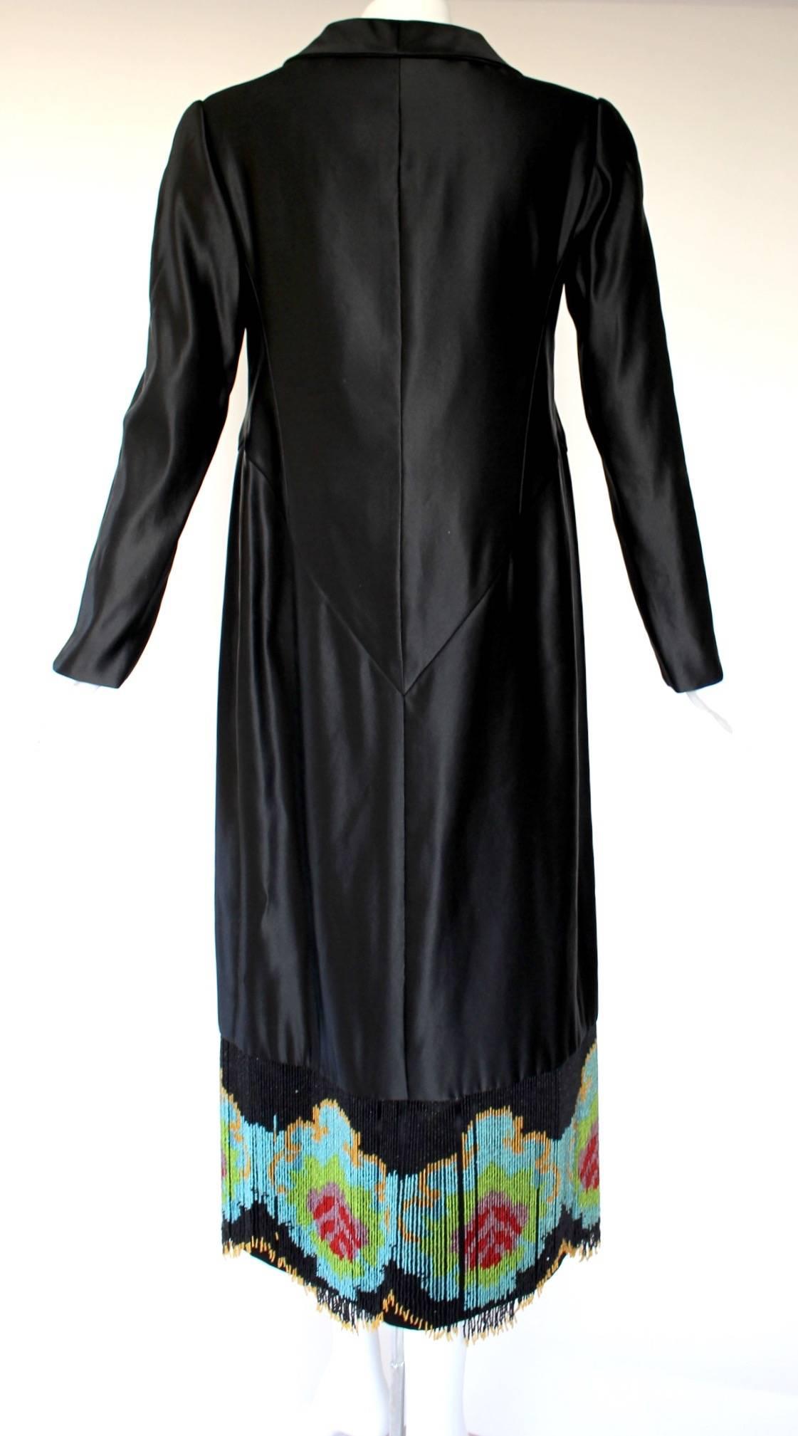 Custom Couture Black Silk Evening Dress Coat with Antique French Beaded Trim  In Excellent Condition In Boca Raton, FL