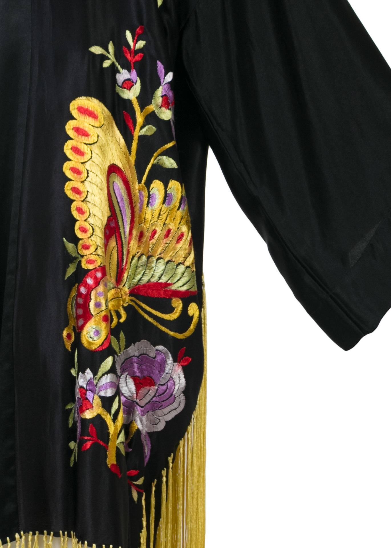 Black 1920s Art Deco Silk Floral Embroidered  Hand Knot Fringe Kimono Jacket