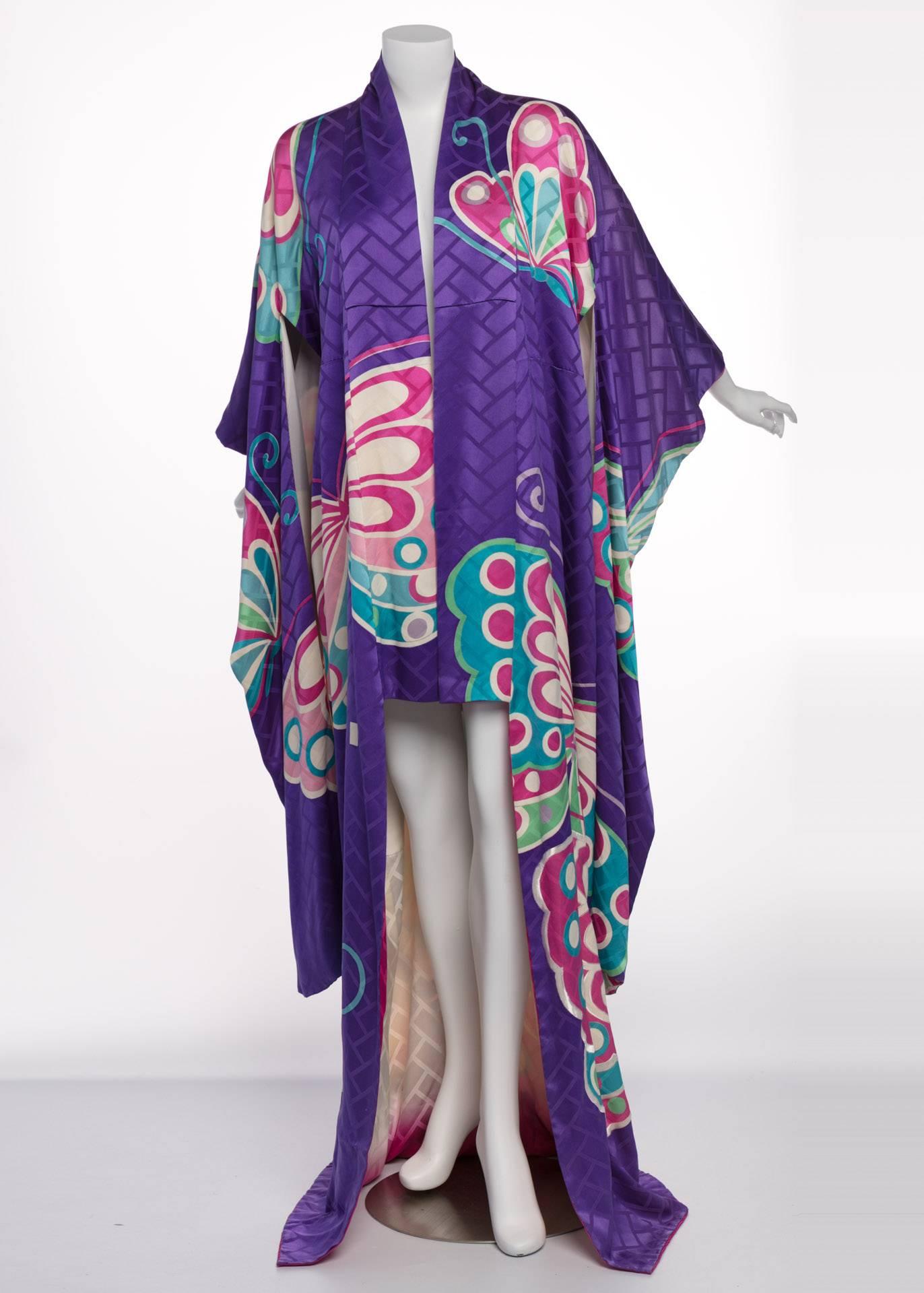 Women's Hanae Mori Couture Att Vintage Purple Silk Butterfly Kimono, 1970s  