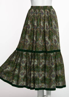 1970s Yves Saint Laurent YSL Green  Paisley Challis Wool Russian Peasant Skirt