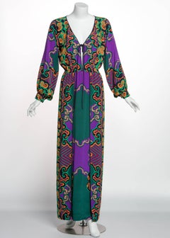 James Galanos Couture Emerald Green and Purple Silk Print Dress, 1970s