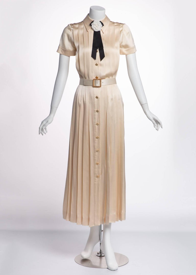 1990s Chanel Creme Silk Knife Pleats Camellia Bow Belted Shirt Dress ...