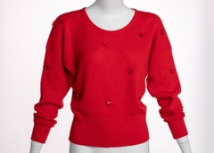 1980s Krizia Red Wool Angora Lucite Star Beads Sweater