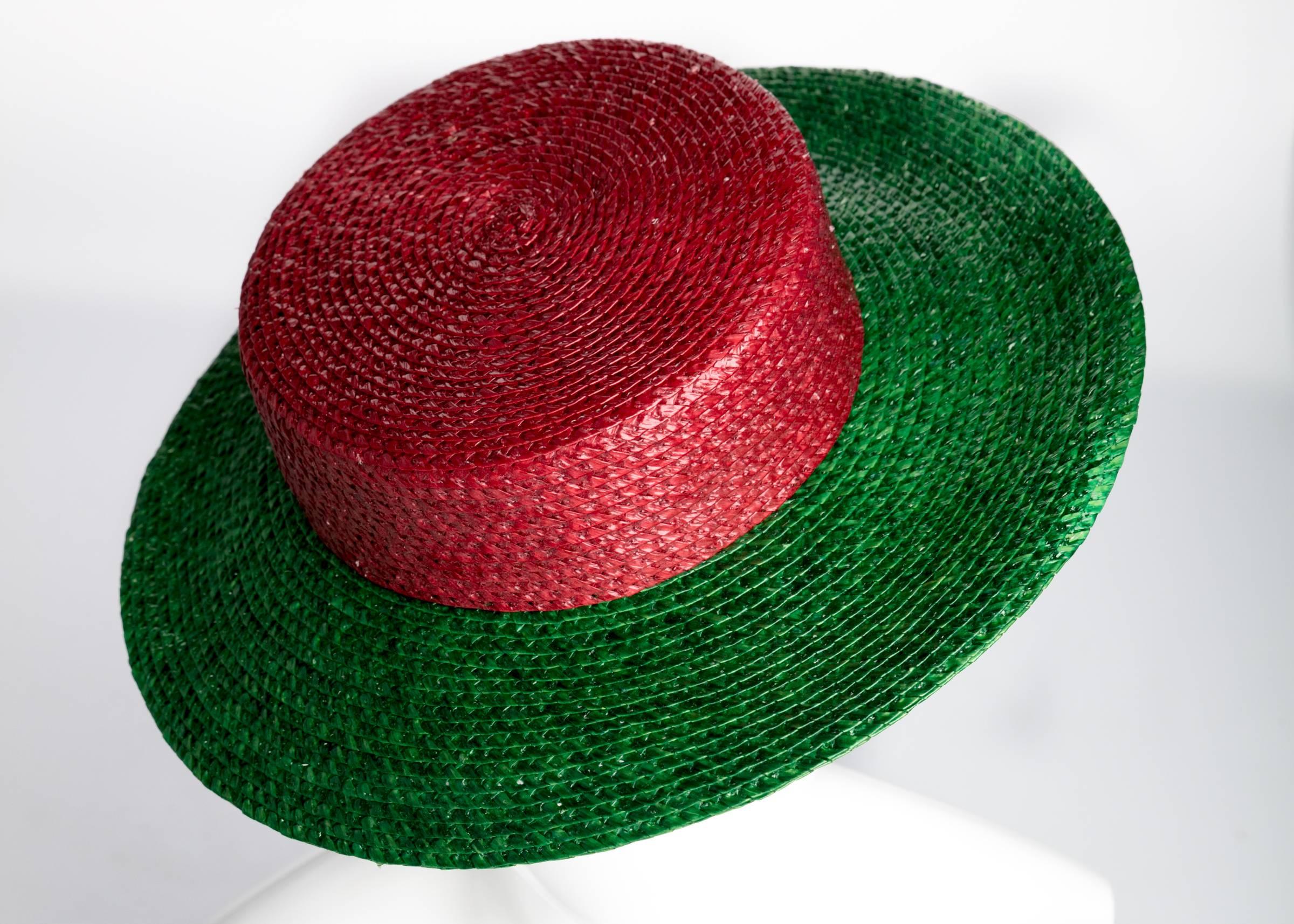 1980s Yves Saint Laurent YSL Vintage Glossy Red and Green Straw Hat  In Excellent Condition In Boca Raton, FL