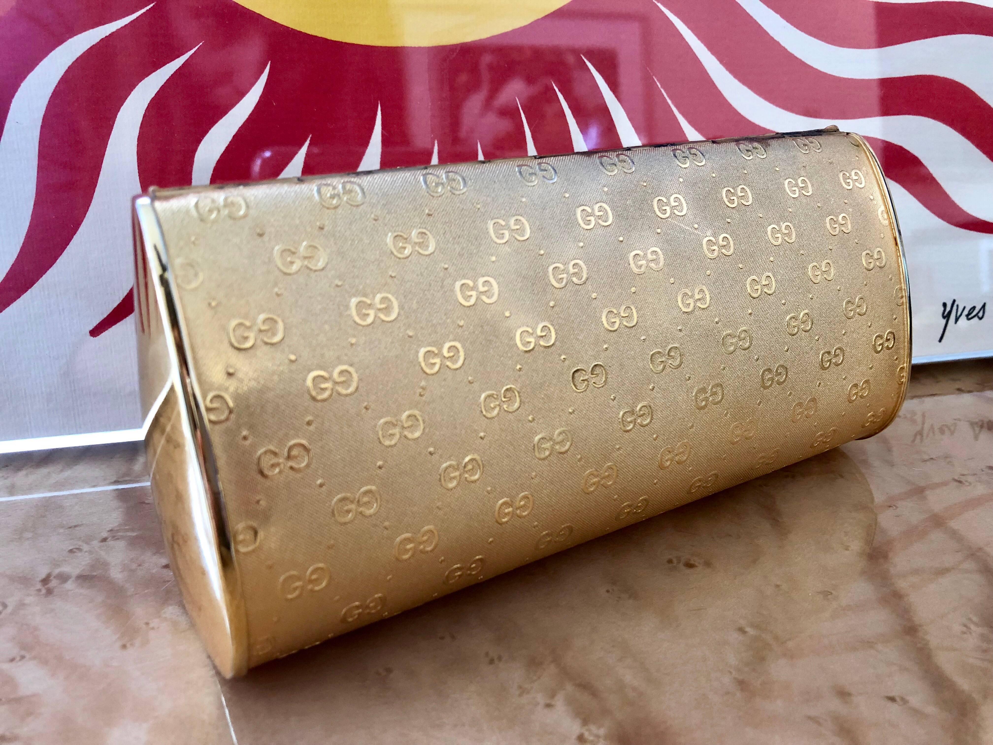 Gucci Gold Metal Logo Hard Shell Clutch Minaudière Bag,  1970s  1