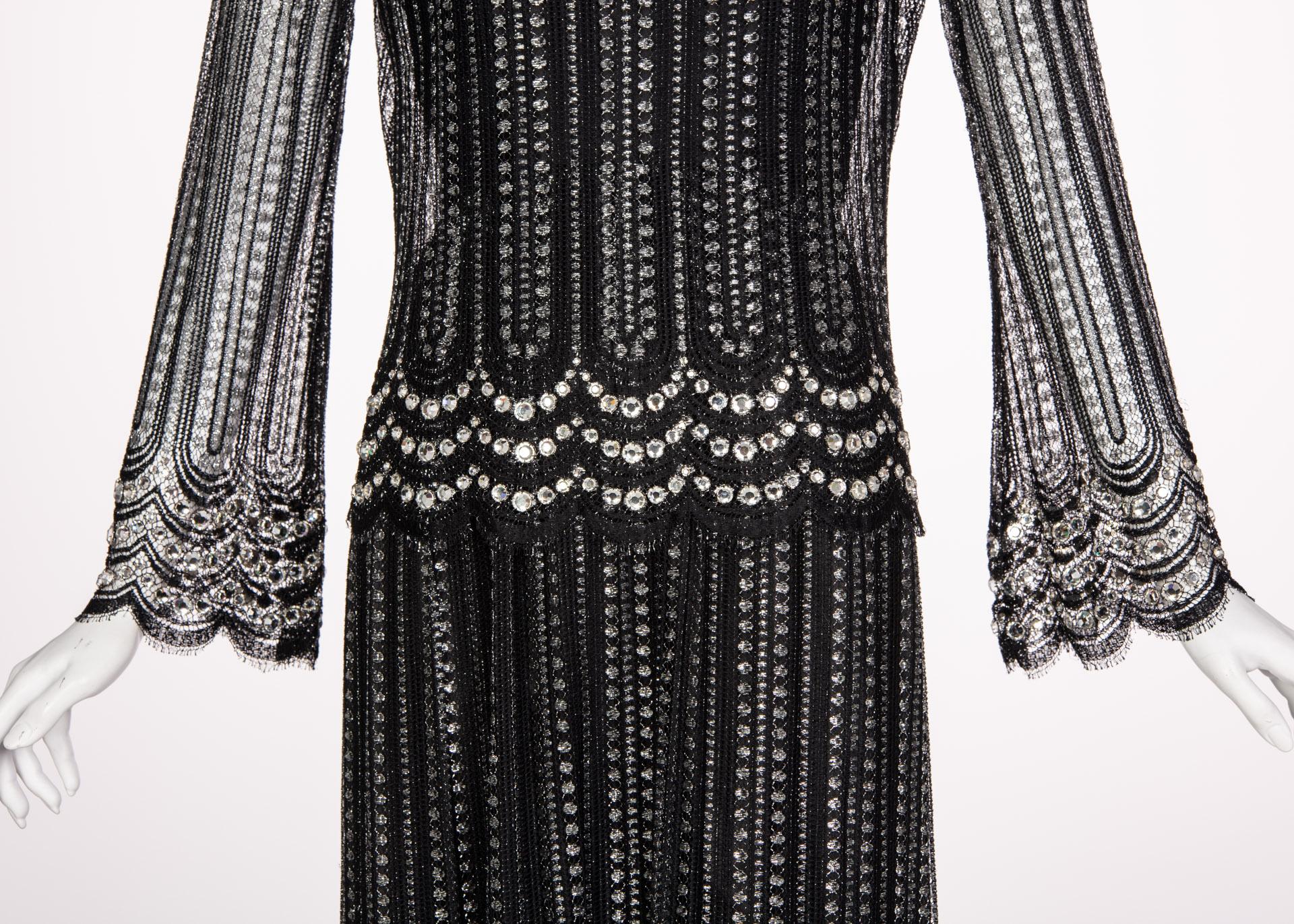 Christian Dior Attributed  Black and Silver Lace Crystals Maxi Dress, 1970s 1
