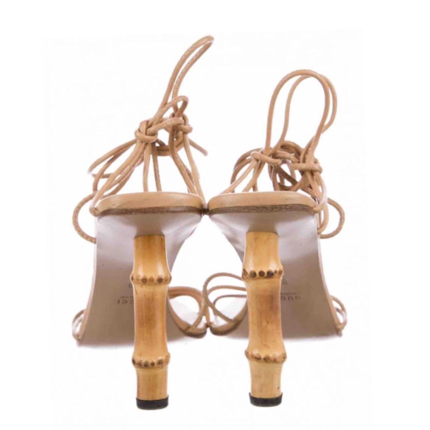 Vintage Gucci heels. 
Leather straps lace up around the leg or wrap around the ankle.
Bamboo heal.
Size 34.5 
very good pre-owned condition.

Measurements:
Heel height: 3 inches
Insole length: 8.5 inches
