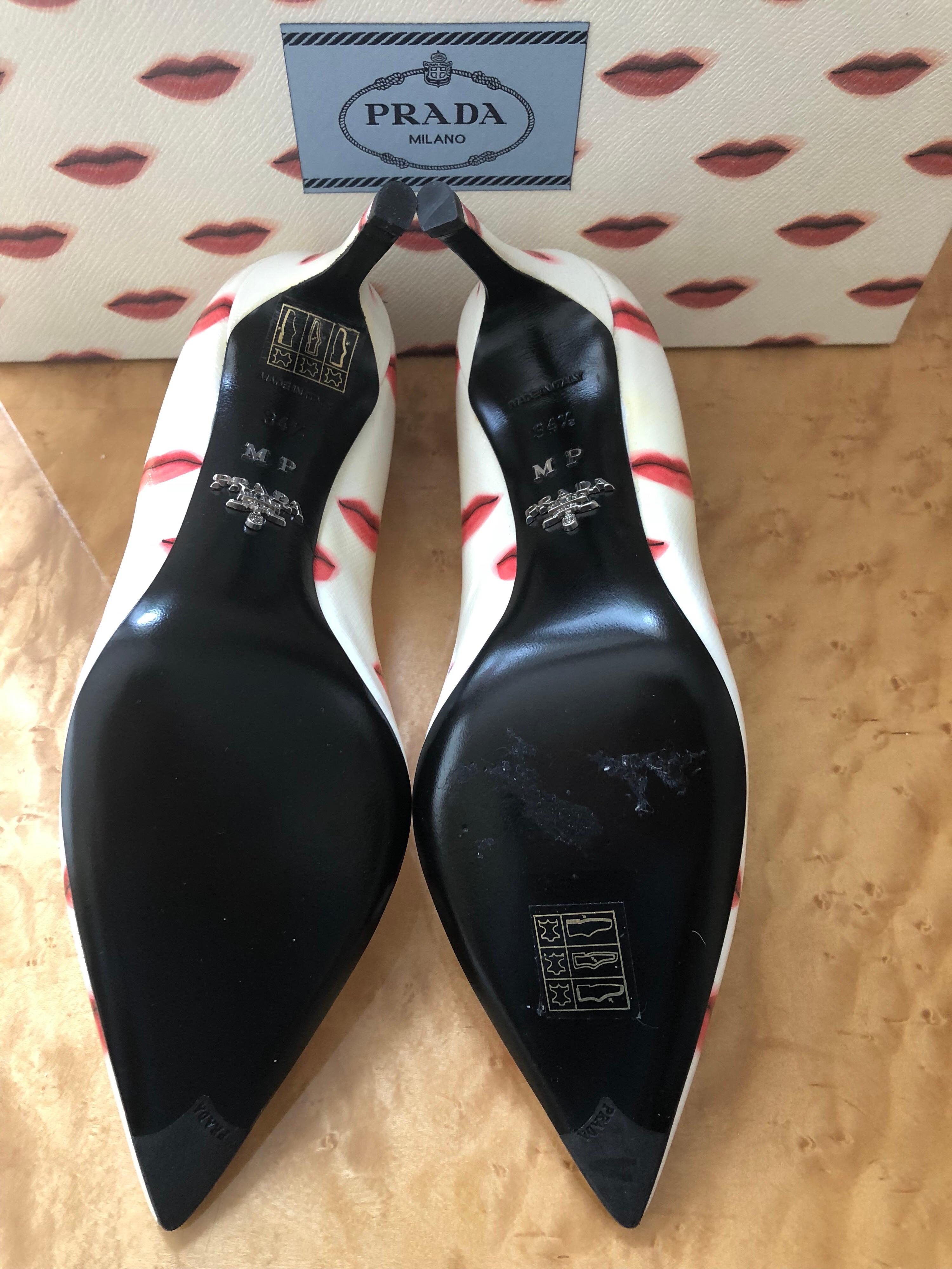 Prada Saffiano Leather Red Ivory Lip Point Toe Pumps Heels Shoes In New Condition In Boca Raton, FL