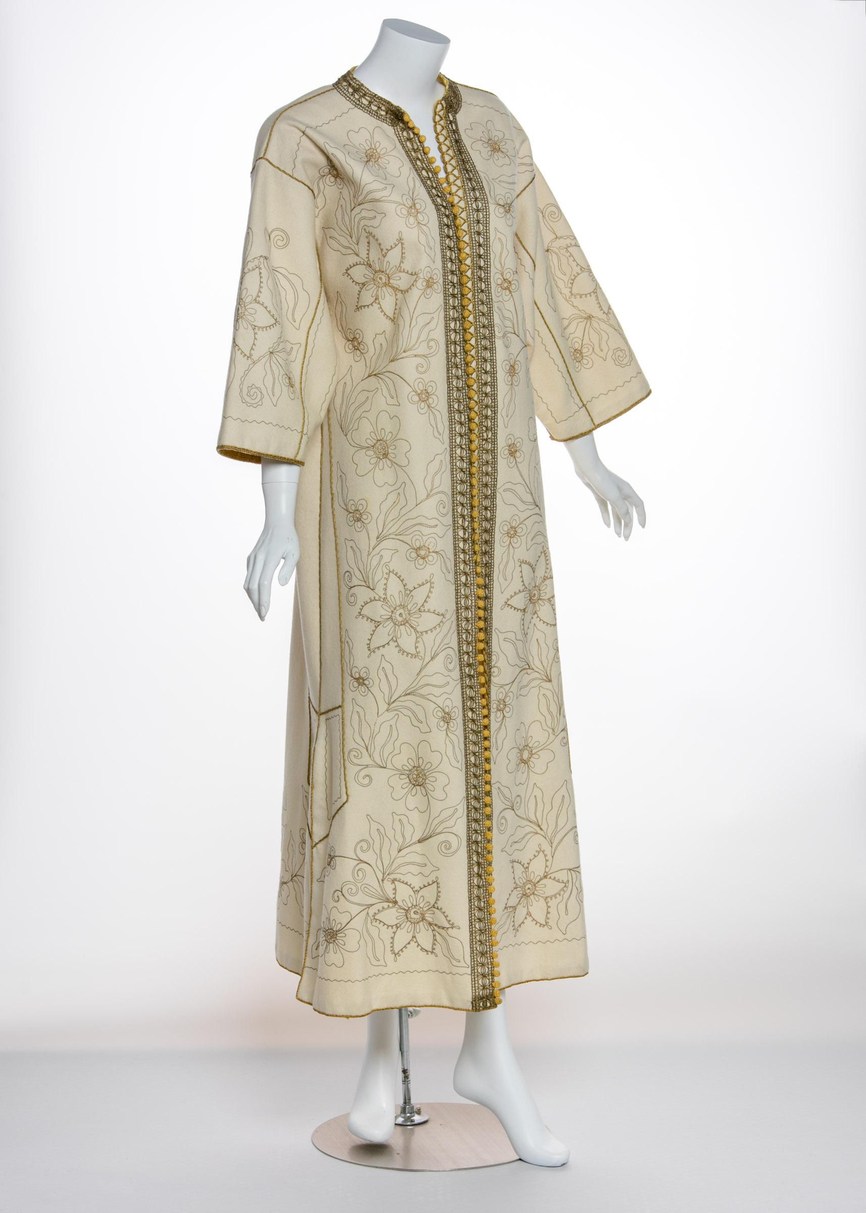 The kaftan is a garment traditionally found in the Middle East and near surrounding regions. Originally it was worn for its immense functionality for the climate and the day-to-day activities of the resident cultures. Here, this ivory wool kaftan,
