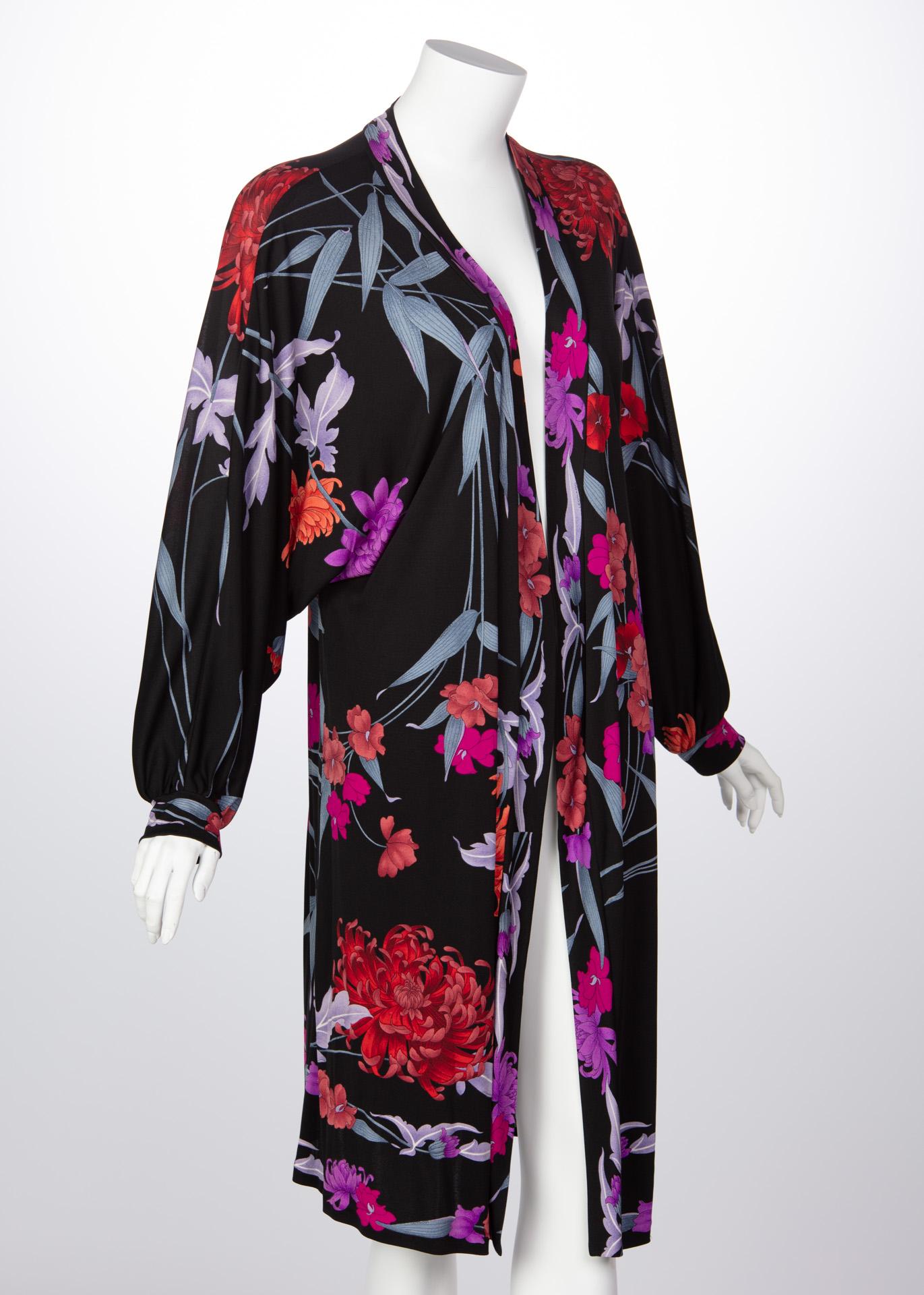 Black 1970s Leonard Paris Floral Silk Jersey Dress Jacket