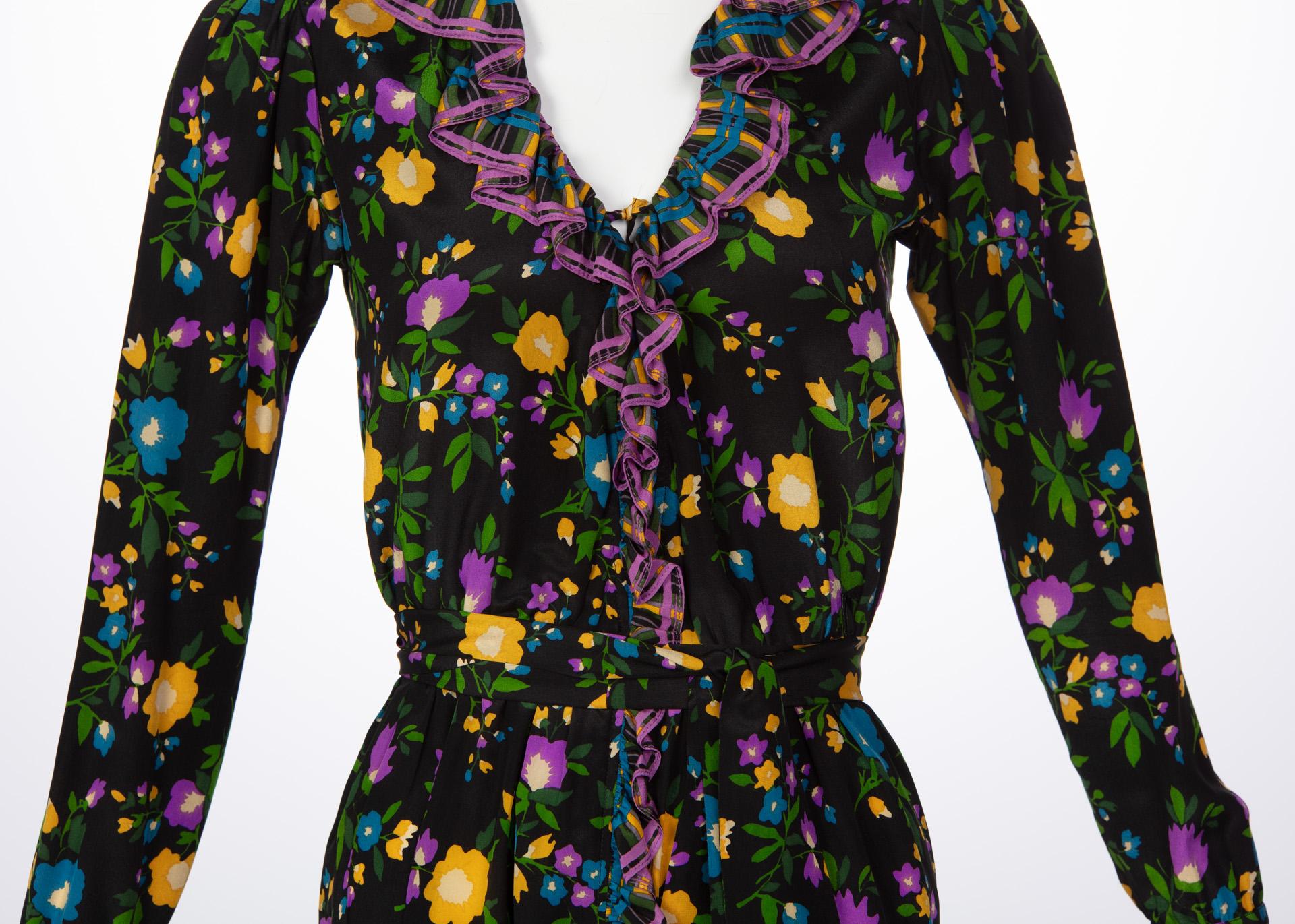 1970 Yves Saint Laurent Black Multicolored Silk Floral Peasant Dress 4