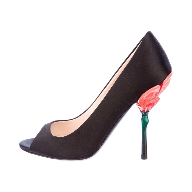 Prada Fairy Collection Black Satin Peep Toe Sculpted Flower Heel Shoes 34.5  For Sale at 1stDibs