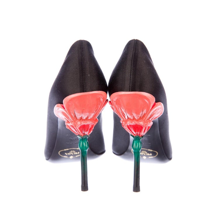 Prada Fairy Collection Black Satin Peep Toe Sculpted Flower Heel Shoes 34.5  For Sale at 1stDibs | prada fairy collection shoes, prada fairy shoes, prada  flower heels
