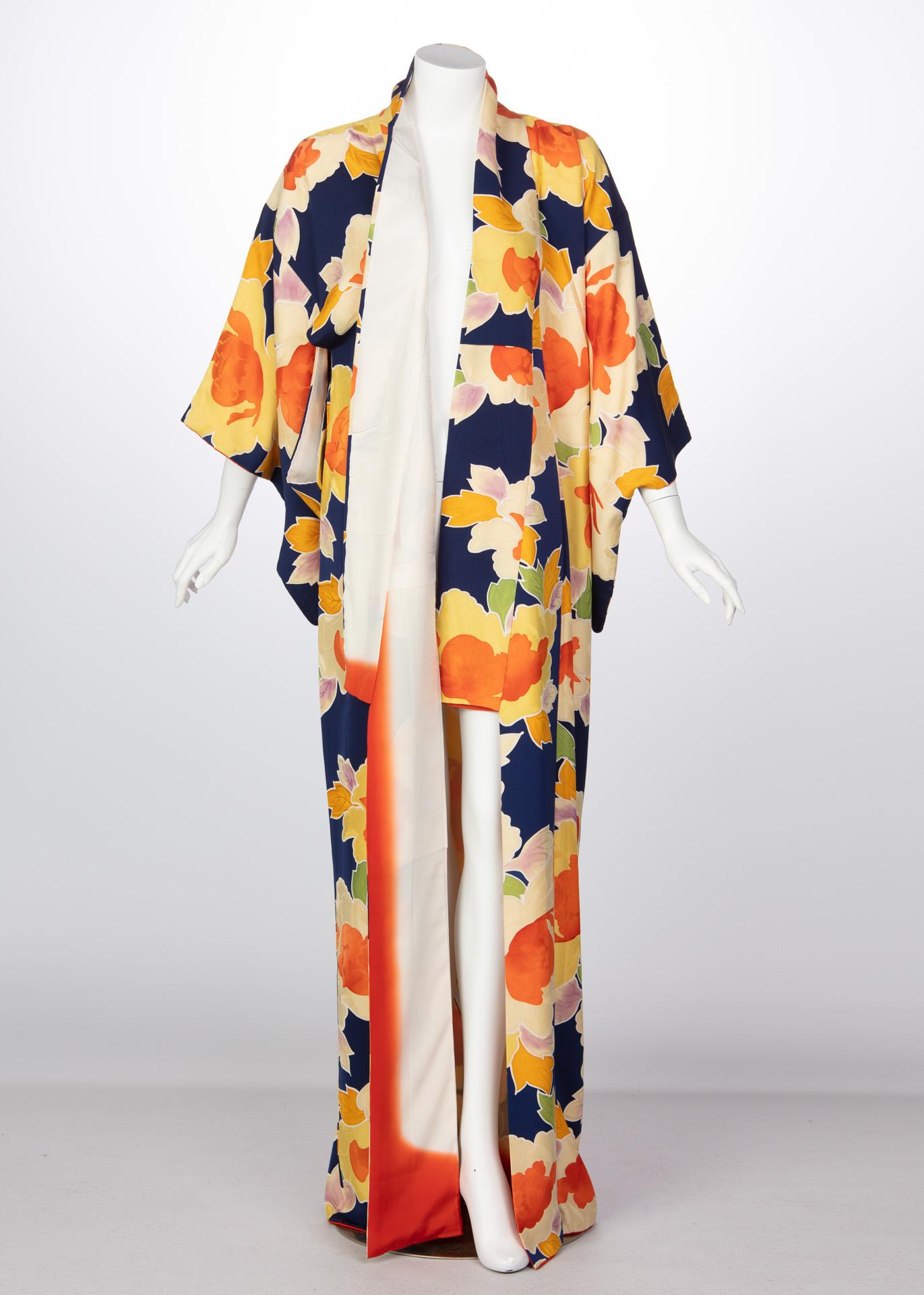 Beige Vintage Japanese Silk Multicolored Floral Maxi Kimono