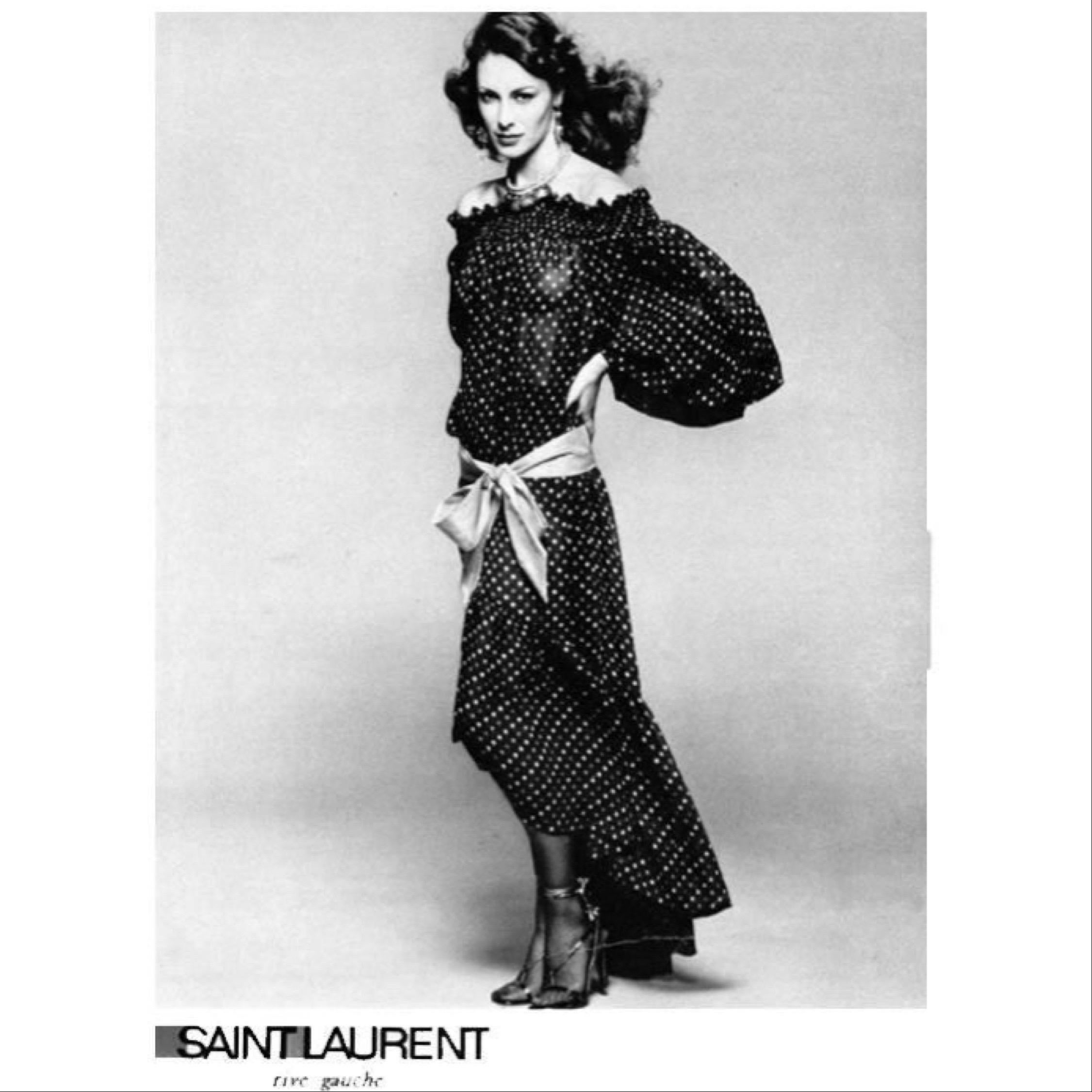 Saint Laurent Blue Polka Dot Off Shoulder Silk Dress YSL 1970s For Sale 12