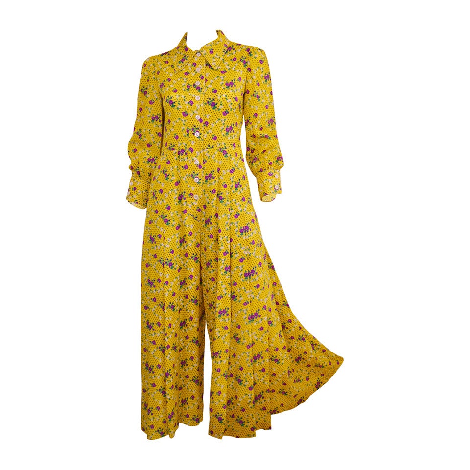 1970s Galanos Yellow Floral Print Palazzo Pant Jumpsuit  For Sale