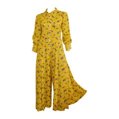 Combinaison pantalon palazzo à imprimé floral jaune Galanos des années 1970 
