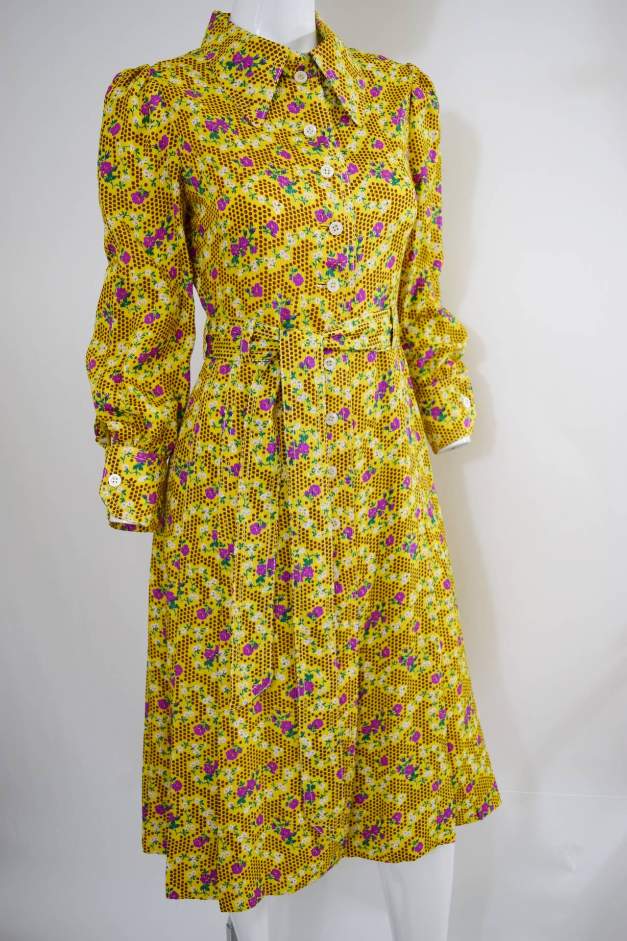 Brown 1970s Yellow Floral Printed Galanos Dress w/ Sash