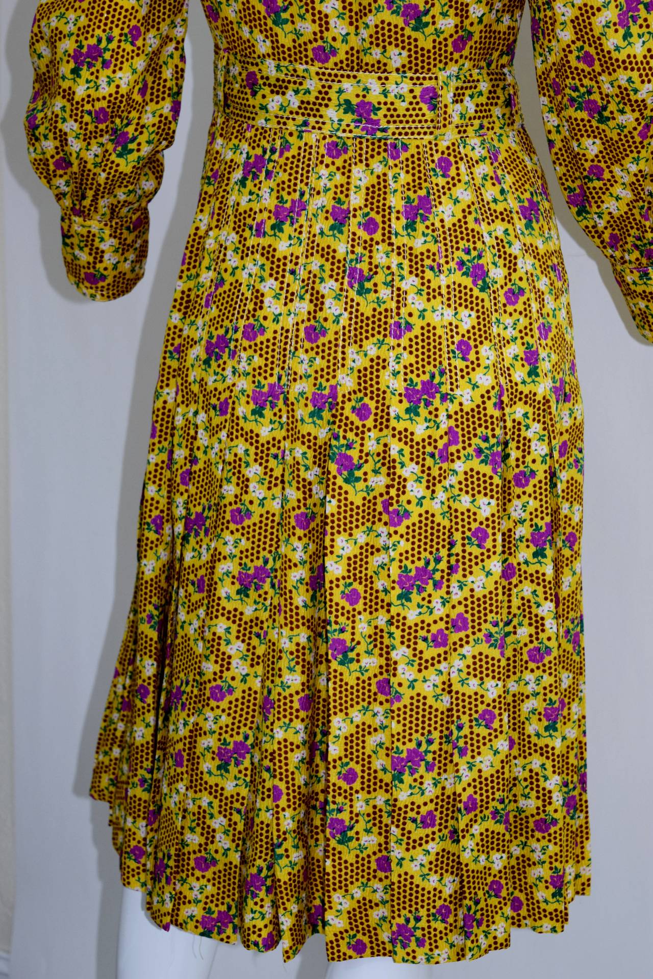 1970s Yellow Floral Printed Galanos Dress w/ Sash 1