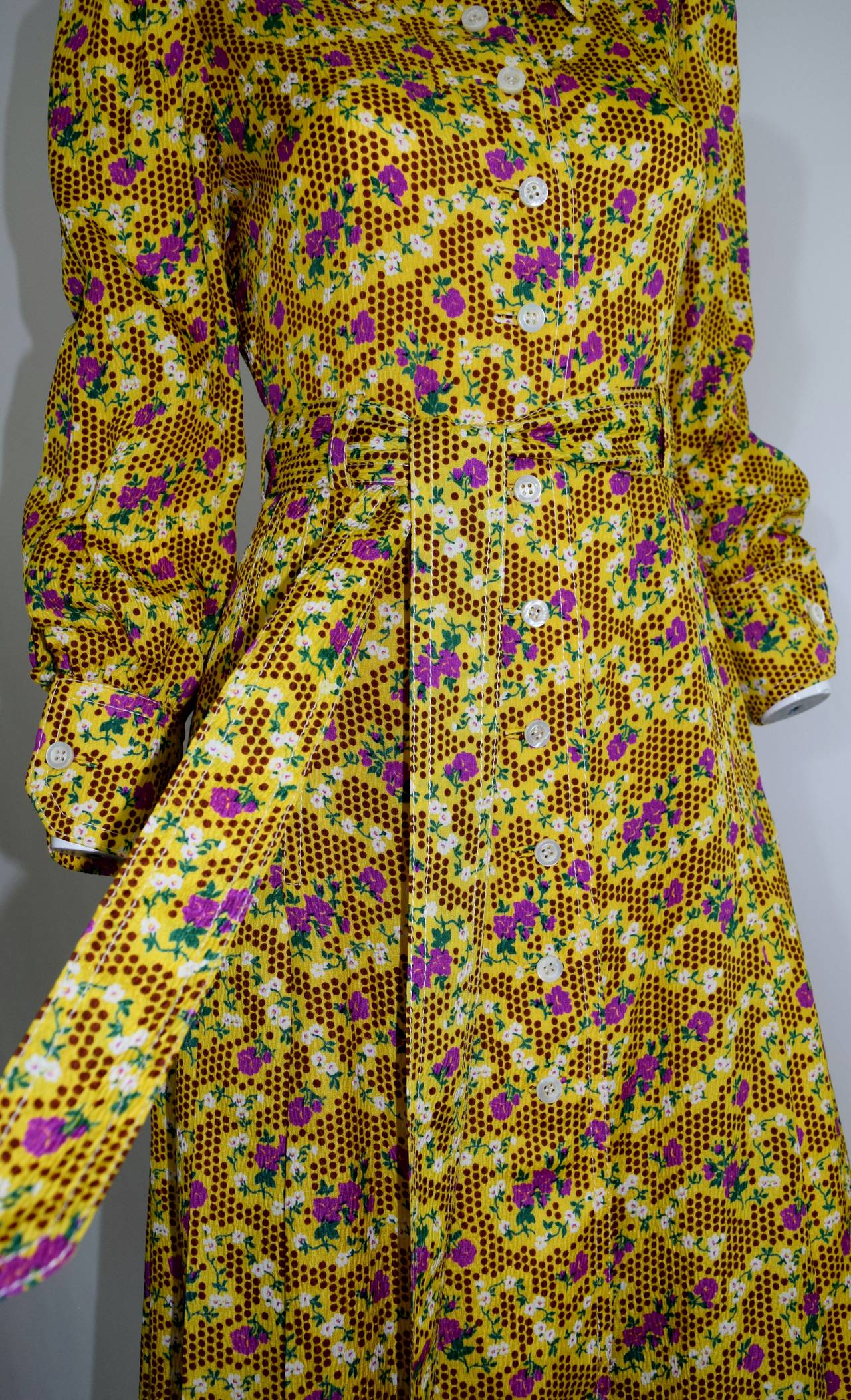 Women's 1970s Yellow Floral Printed Galanos Dress w/ Sash