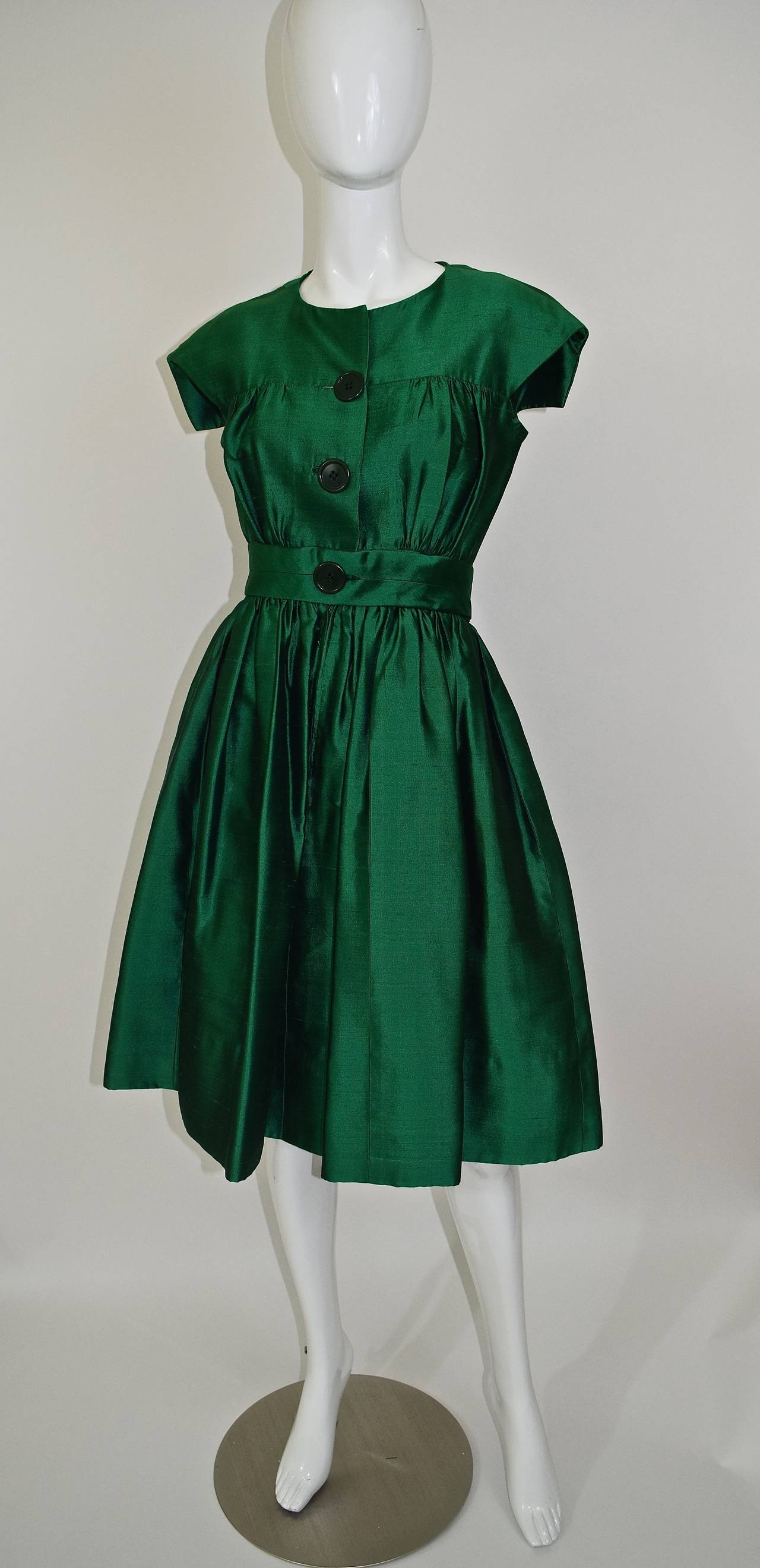 1950's Henri Bendel Gorgeous  Emerald Green Silk Party Dress 2