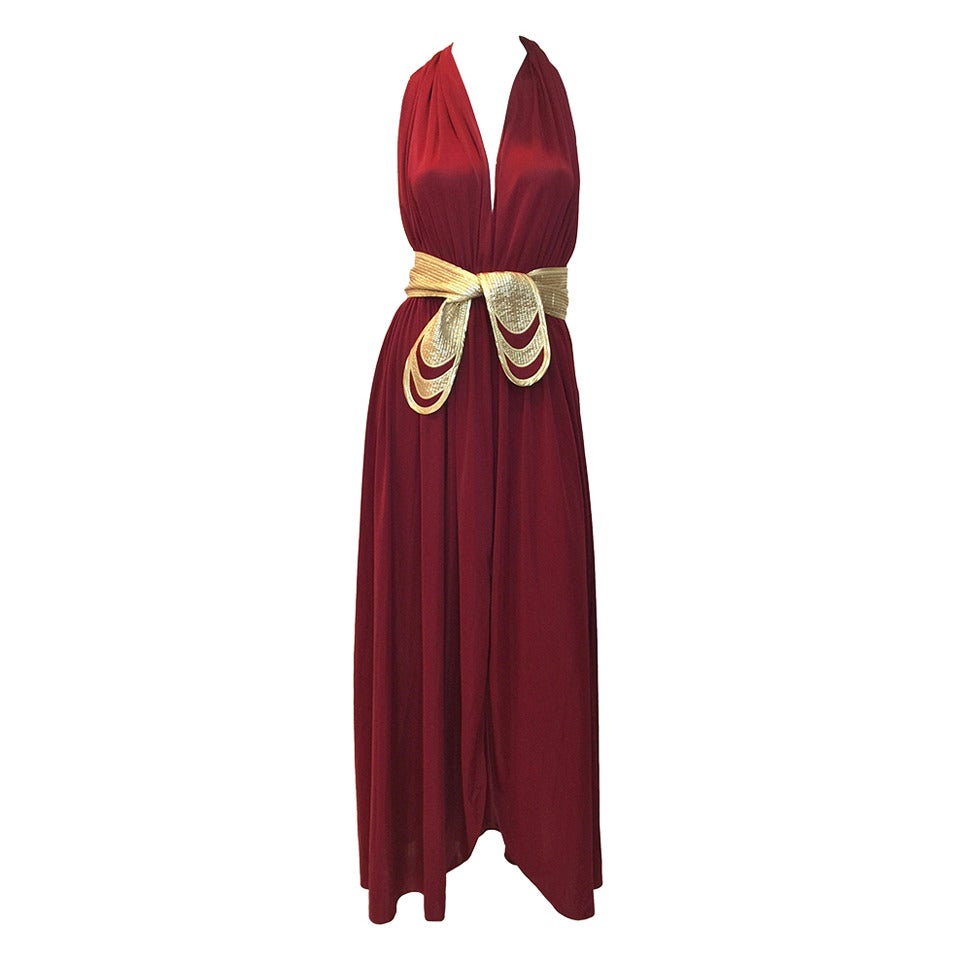 1970s Bill Tice Merlot & Gold Open Back Dress