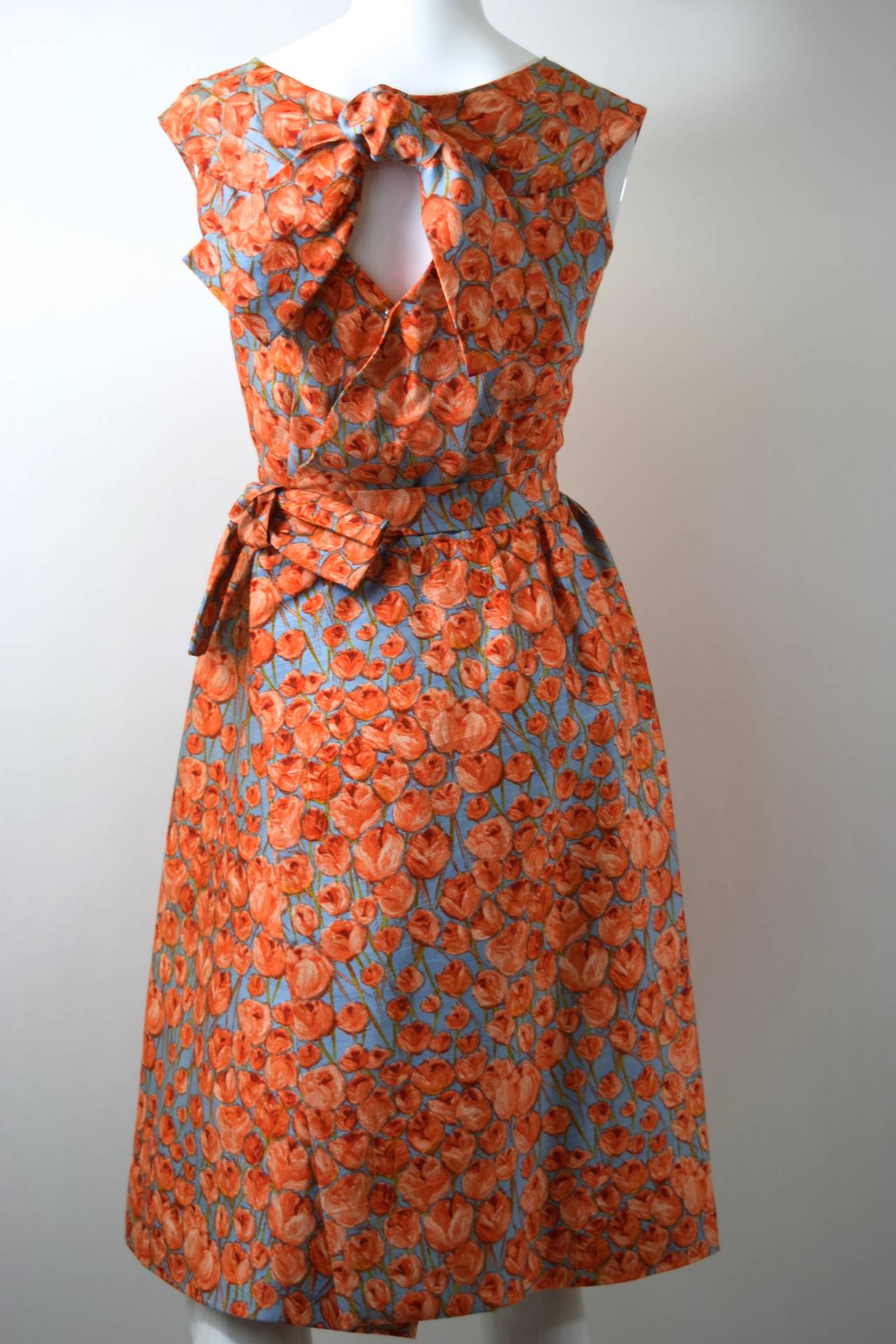 Brown 1950s Hattie Carnegie bow detail & floral print silk dress