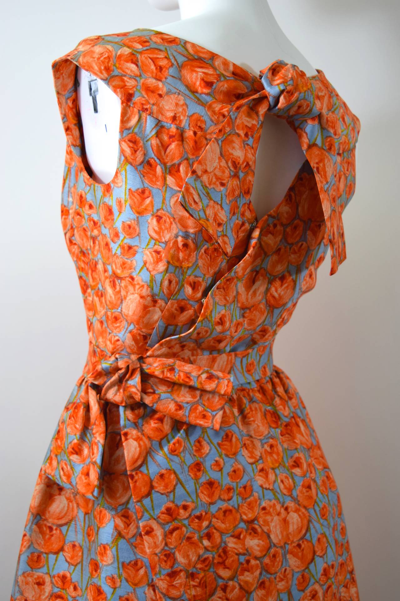 1950s Hattie Carnegie bow detail & floral print silk dress 1