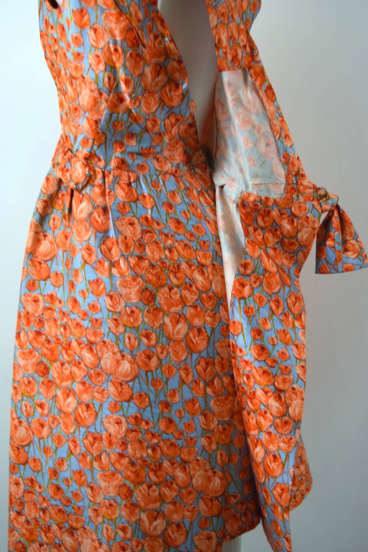 1950s Hattie Carnegie bow detail and floral print silk dress at 1stDibs