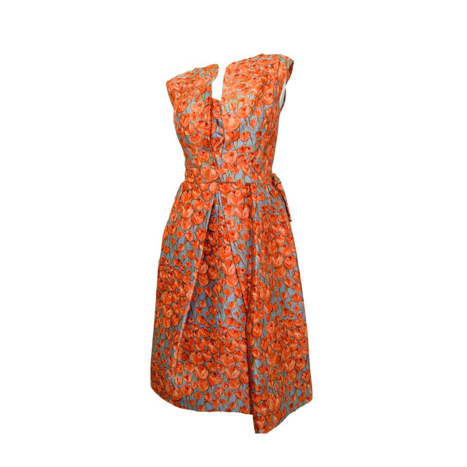 1950s Hattie Carnegie bow detail and floral print silk dress at 1stDibs